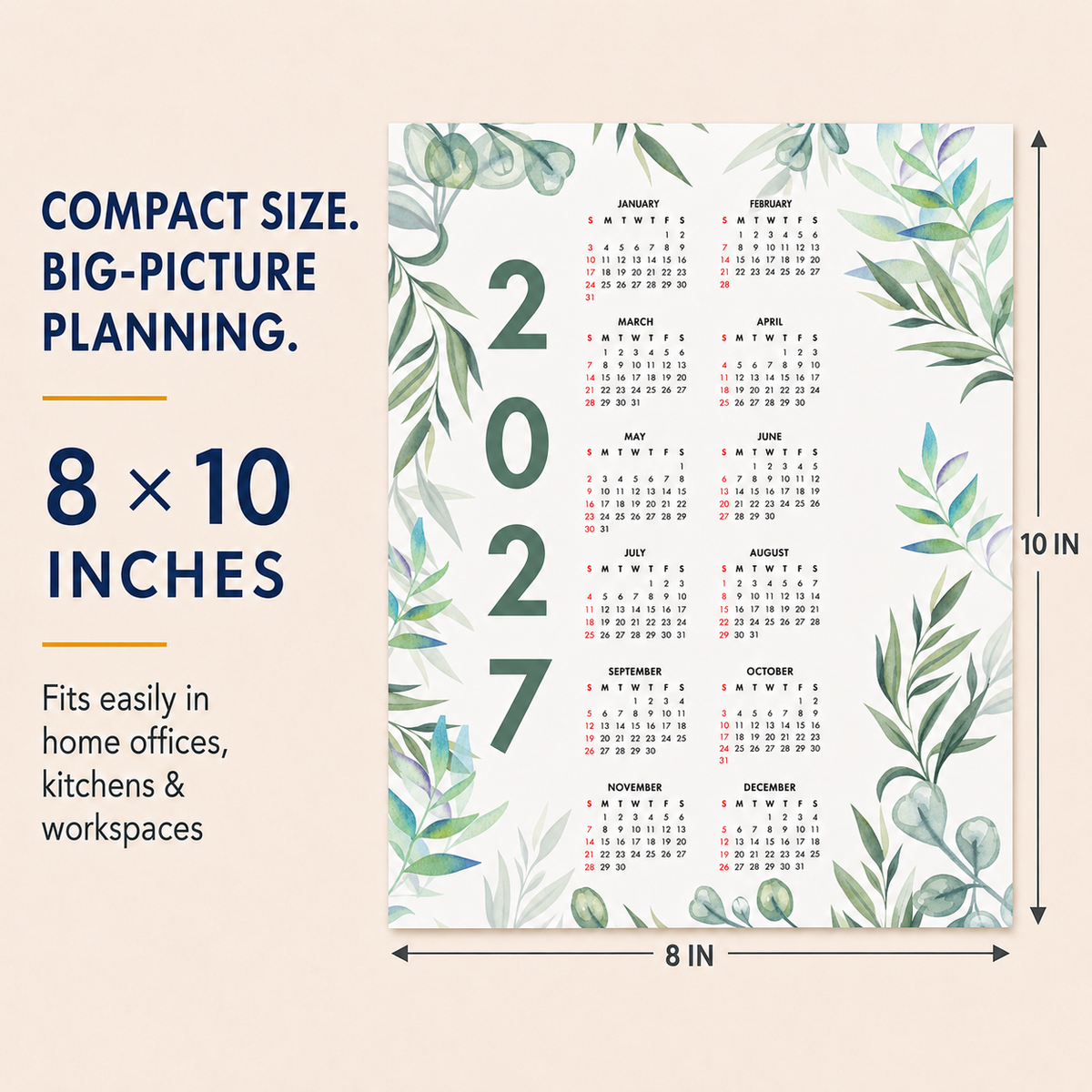 2027 Year at a Glance Wall Calendar – Green Leafy Watercolors carousel image 6