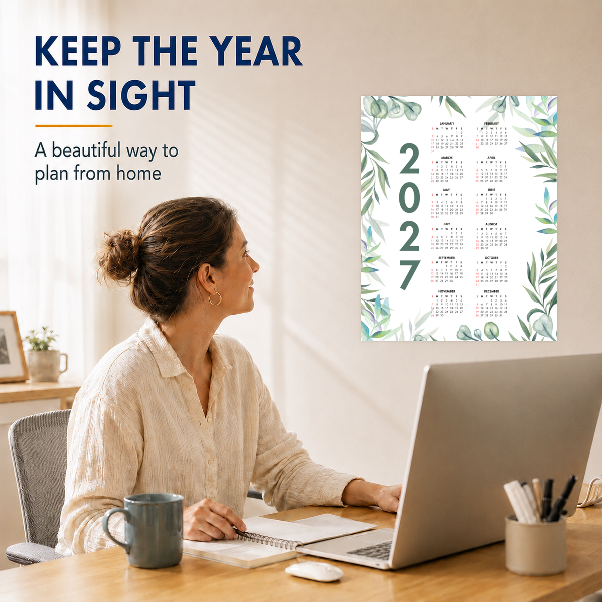 2027 Year at a Glance Wall Calendar – Green Leafy Watercolors carousel image 2