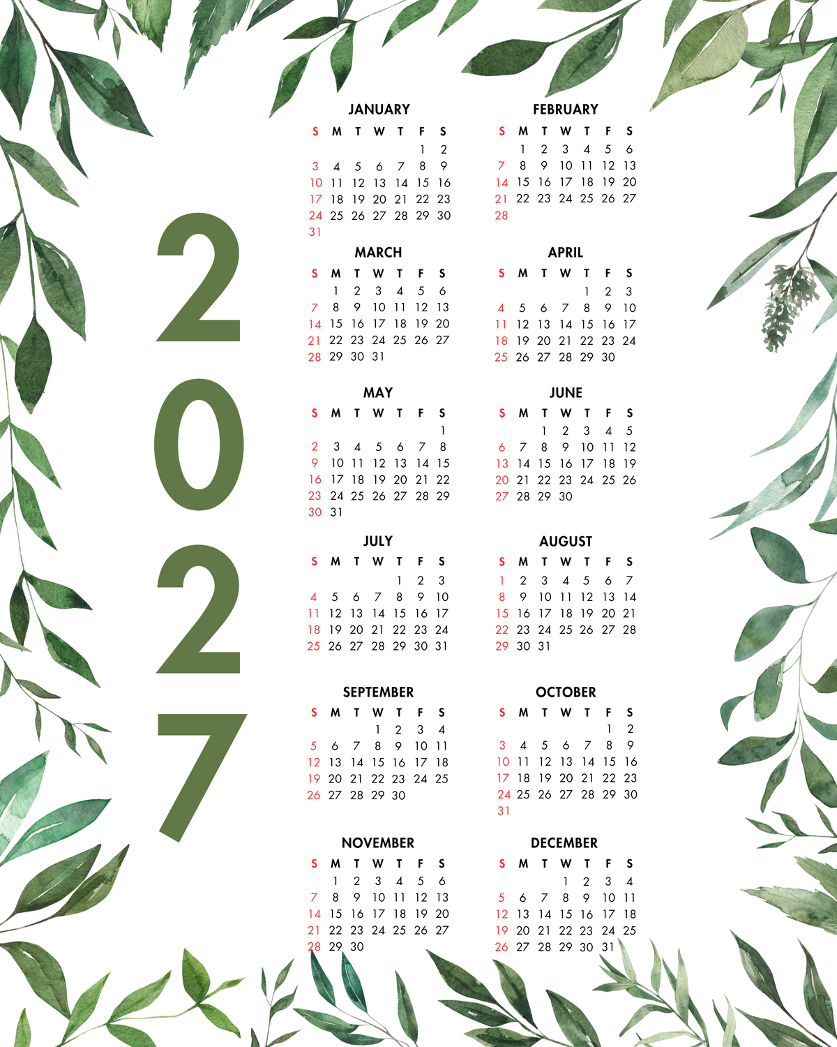 2027 Year at a Glance Wall Calendar – Dark Leafy Watercolors