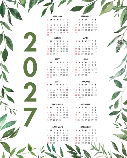2027 Year at a Glance Wall Calendar – Dark Leafy Watercolors