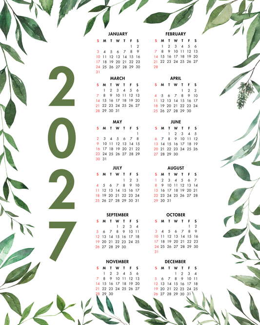 2027 Year at a Glance Wall Calendar – Dark Leafy Watercolors
