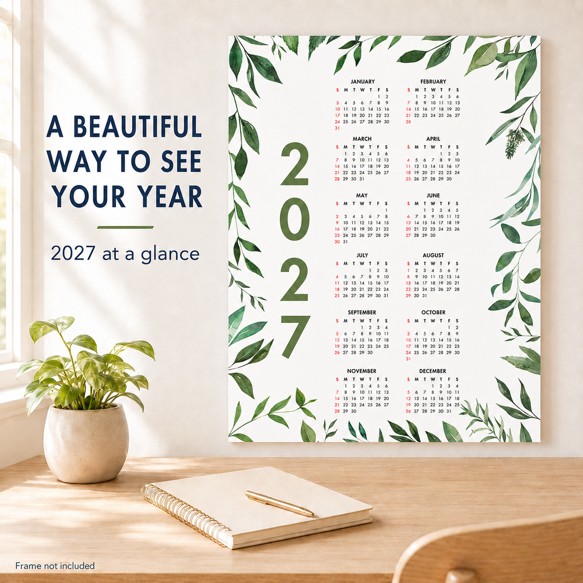 2027 Year at a Glance Wall Calendar – Dark Leafy Watercolors carousel image 7