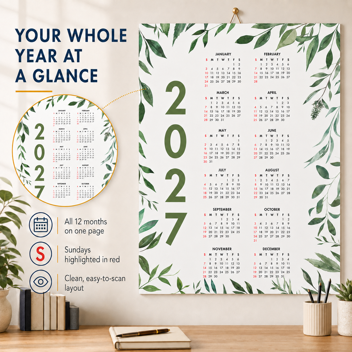 2027 Year at a Glance Wall Calendar – Dark Leafy Watercolors carousel image 5