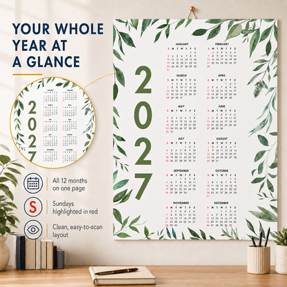 2027 Year at a Glance Wall Calendar – Dark Leafy Watercolors carousel image 5