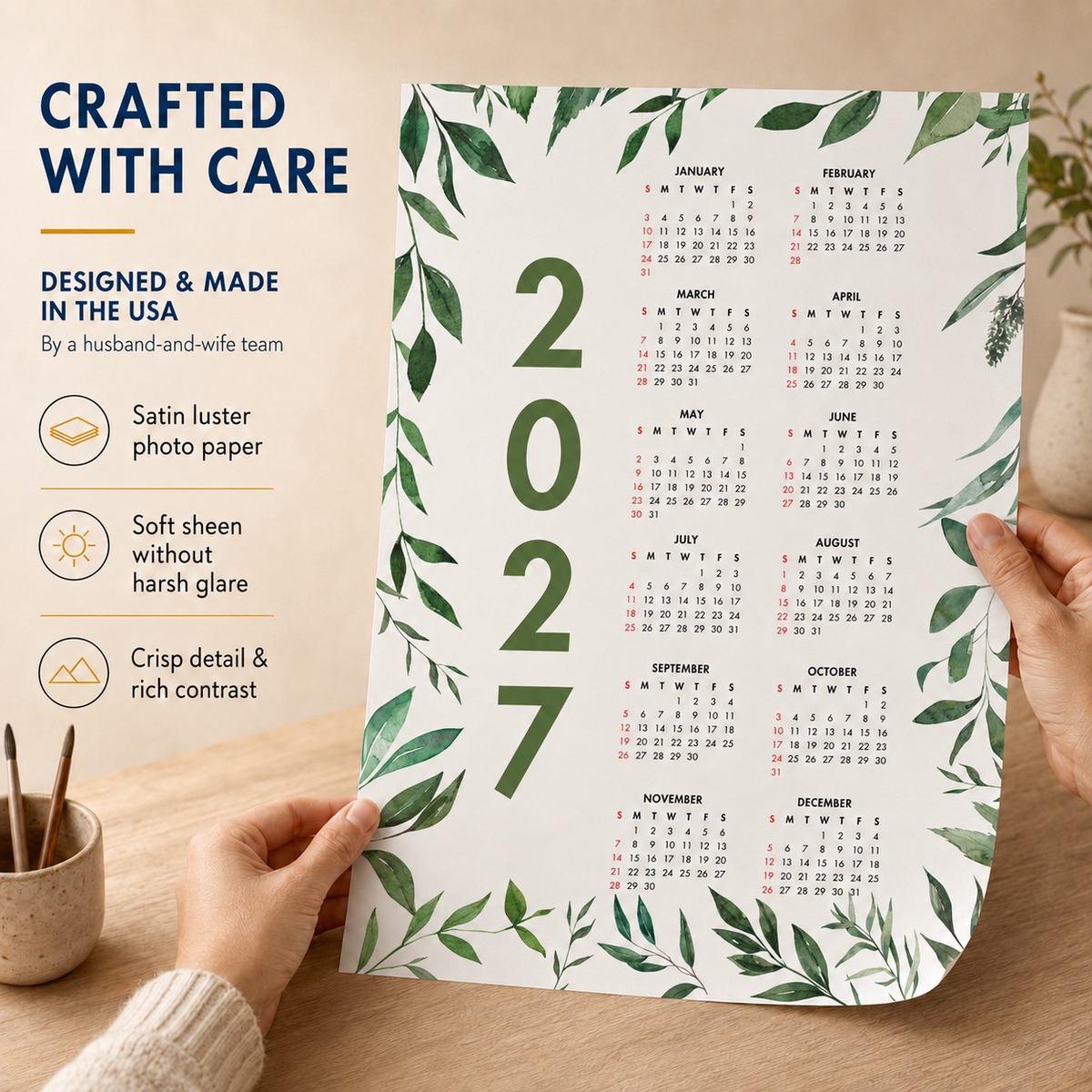 2027 Year at a Glance Wall Calendar – Dark Leafy Watercolors carousel image 4