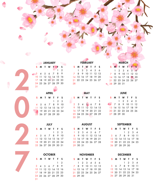 2027 Year at a Glance Wall Calendar – Cherry Blossom