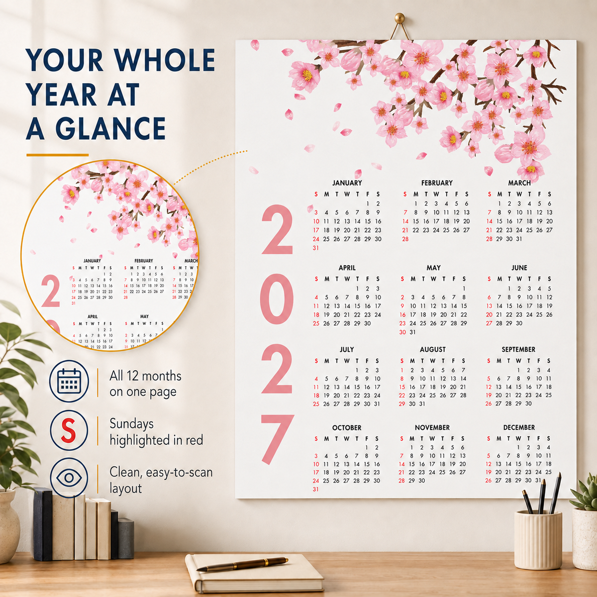 2027 Year at a Glance Wall Calendar – Cherry Blossom carousel image 6