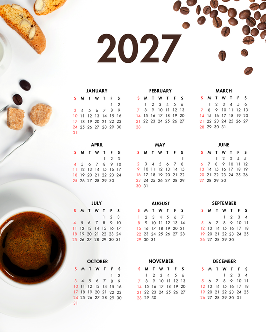2027 Year at a Glance Wall Calendar – Coffee Lovers Espresso
