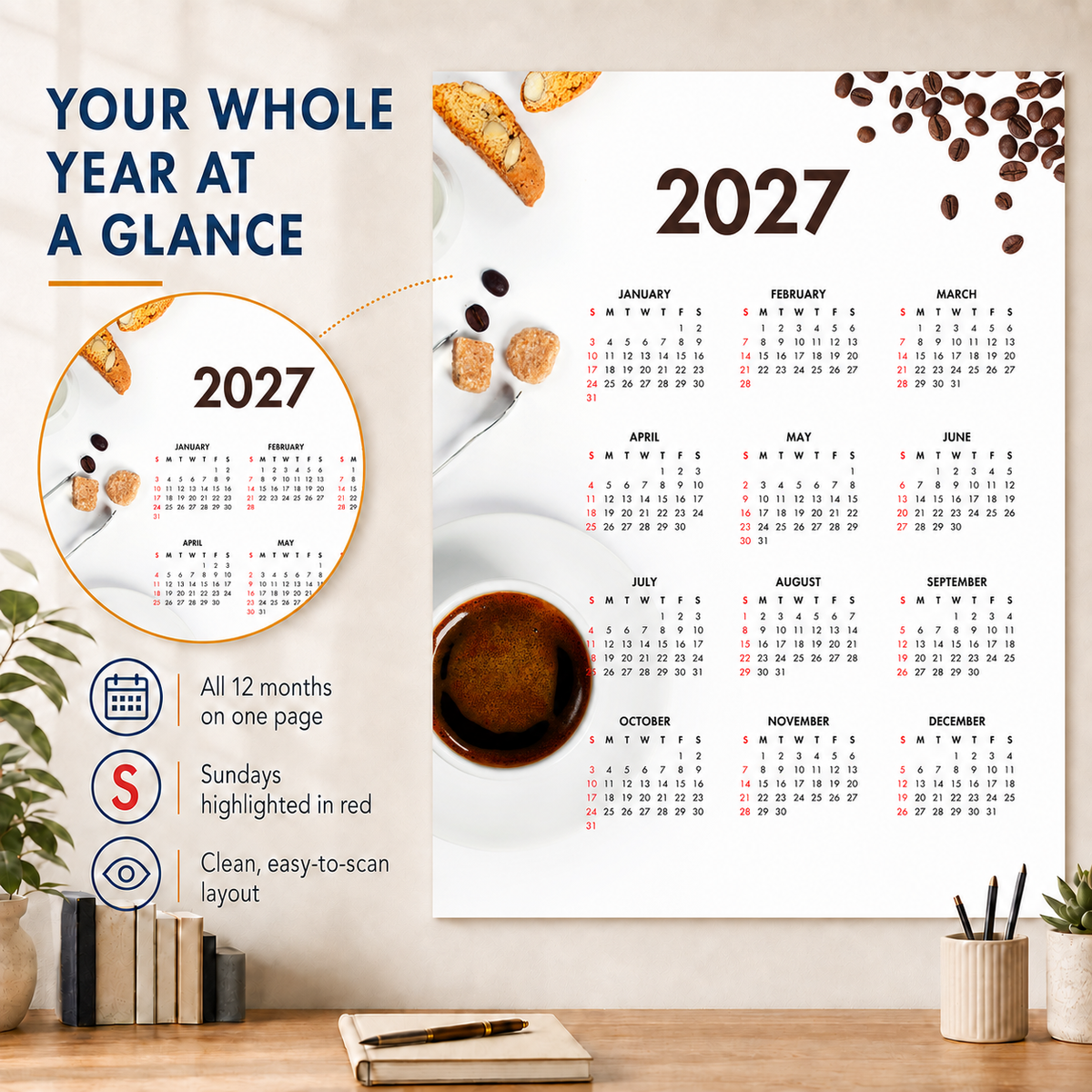 2027 Year at a Glance Wall Calendar – Coffee Lovers Espresso carousel image 6
