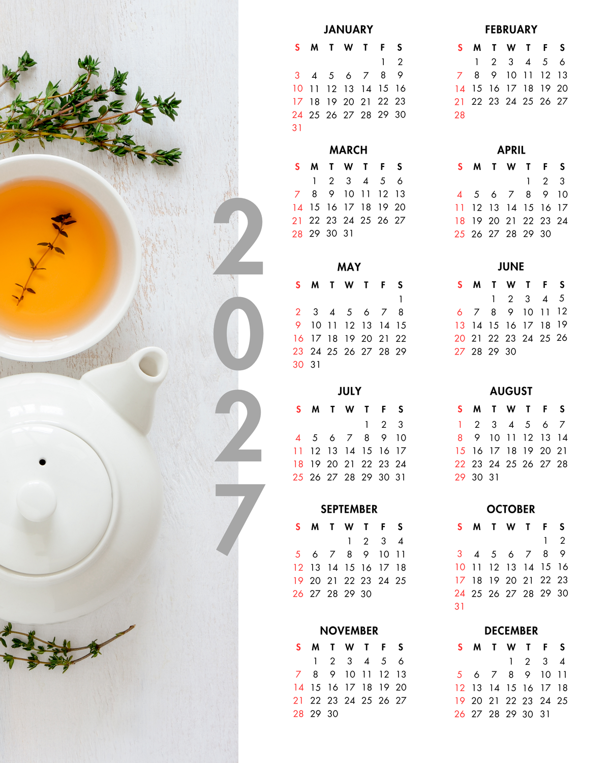 2027 Year at a Glance Wall Calendar – Herbal Tea & Teapot