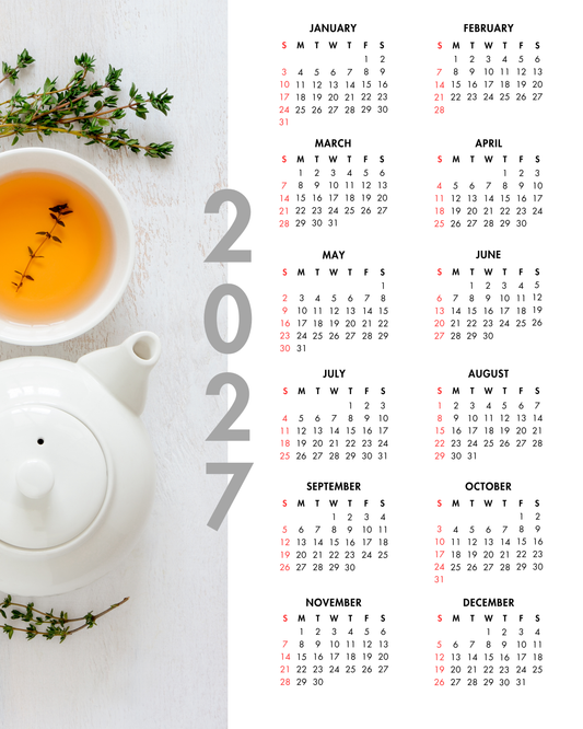 2027 Year at a Glance Wall Calendar – Herbal Tea & Teapot