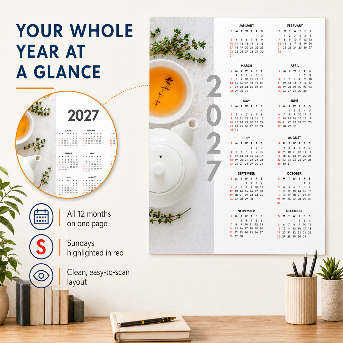 2027 Year at a Glance Wall Calendar – Herbal Tea & Teapot carousel image 6