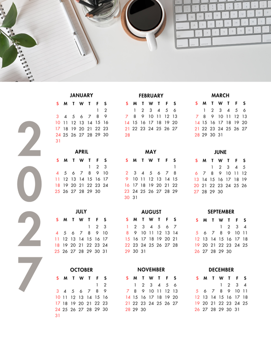 2027 Year at a Glance Wall Calendar – Desk Coffee & Workspace