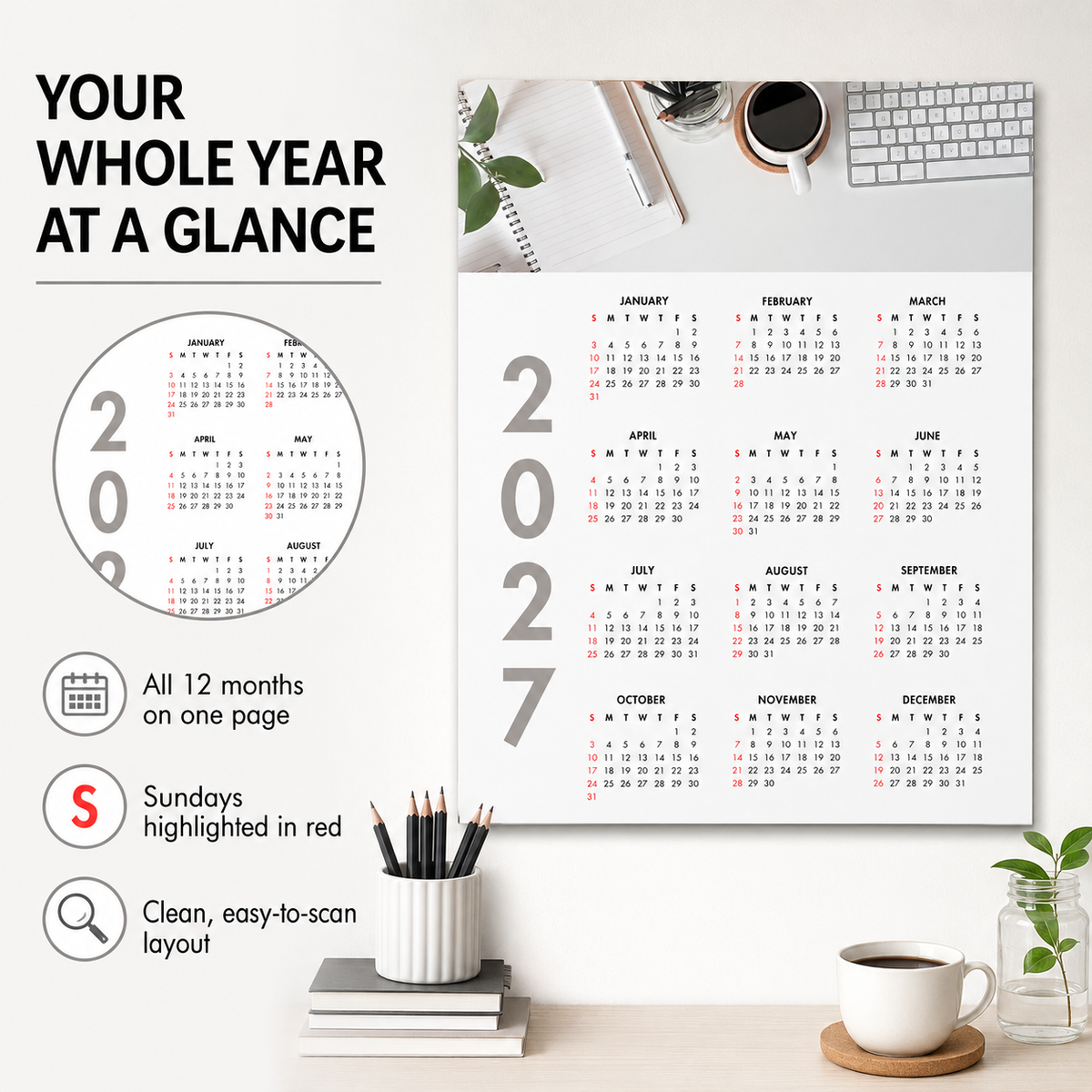 2027 Year at a Glance Wall Calendar – Desk Coffee & Workspace carousel image 7