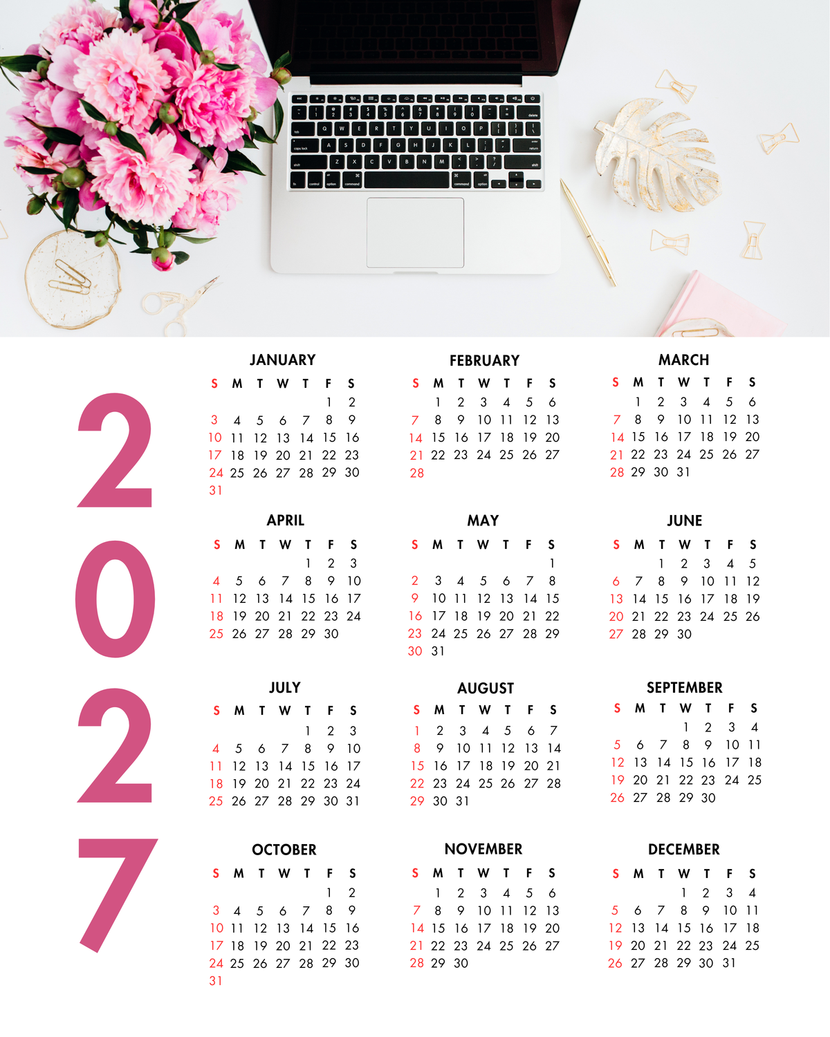2027 Year at a Glance Wall Calendar – Pink Peonies & Workspace