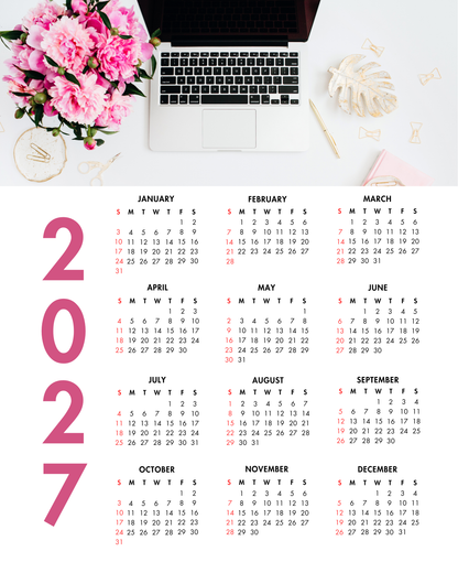 2027 Year at a Glance Wall Calendar – Pink Peonies & Workspace