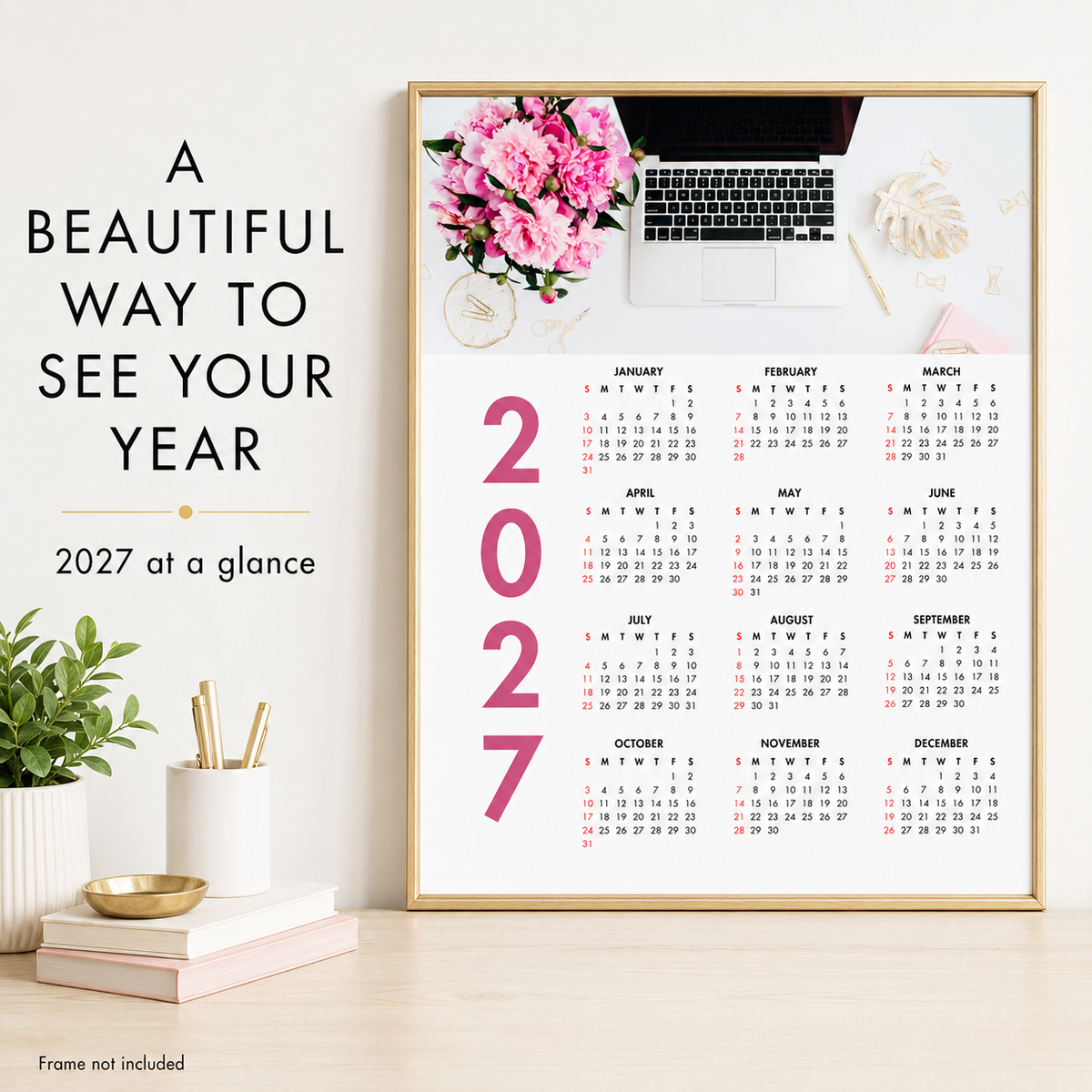 2027 Year at a Glance Wall Calendar – Pink Peonies & Workspace carousel image 7