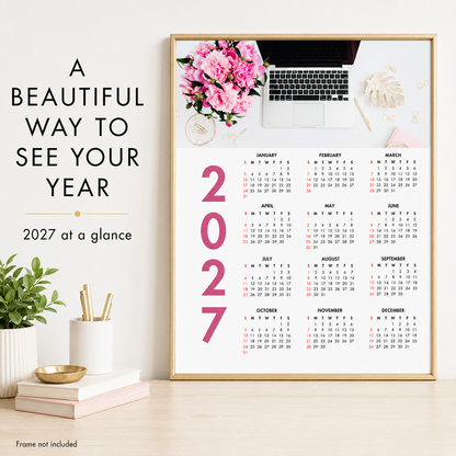 2027 Year at a Glance Wall Calendar – Pink Peonies & Workspace carousel image 7