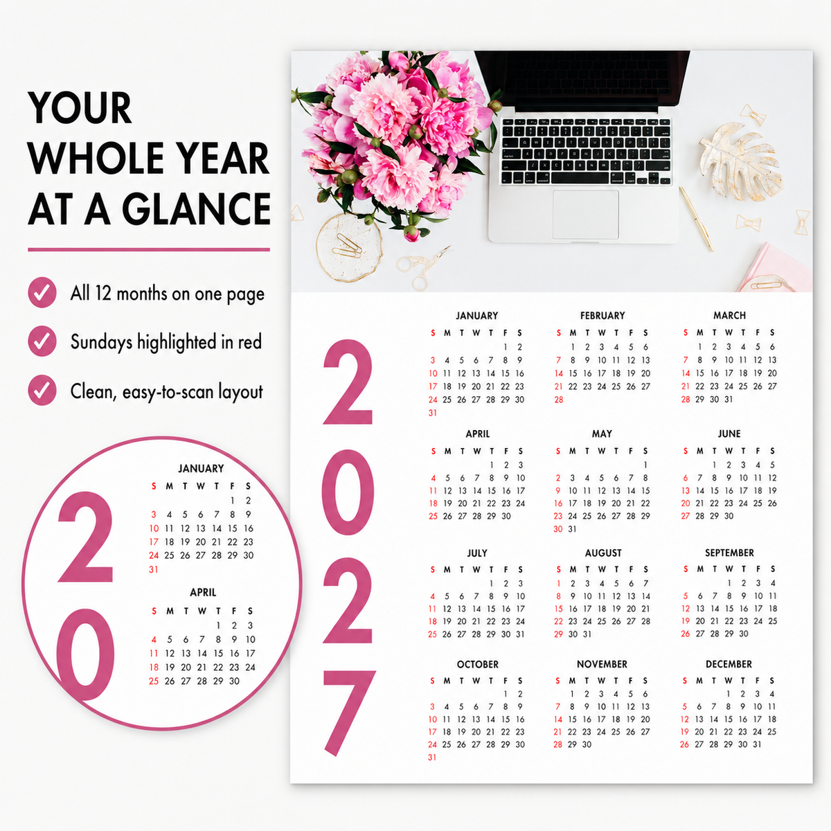 2027 Year at a Glance Wall Calendar – Pink Peonies & Workspace carousel image 6