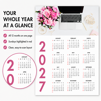 2027 Year at a Glance Wall Calendar – Pink Peonies & Workspace carousel image 6