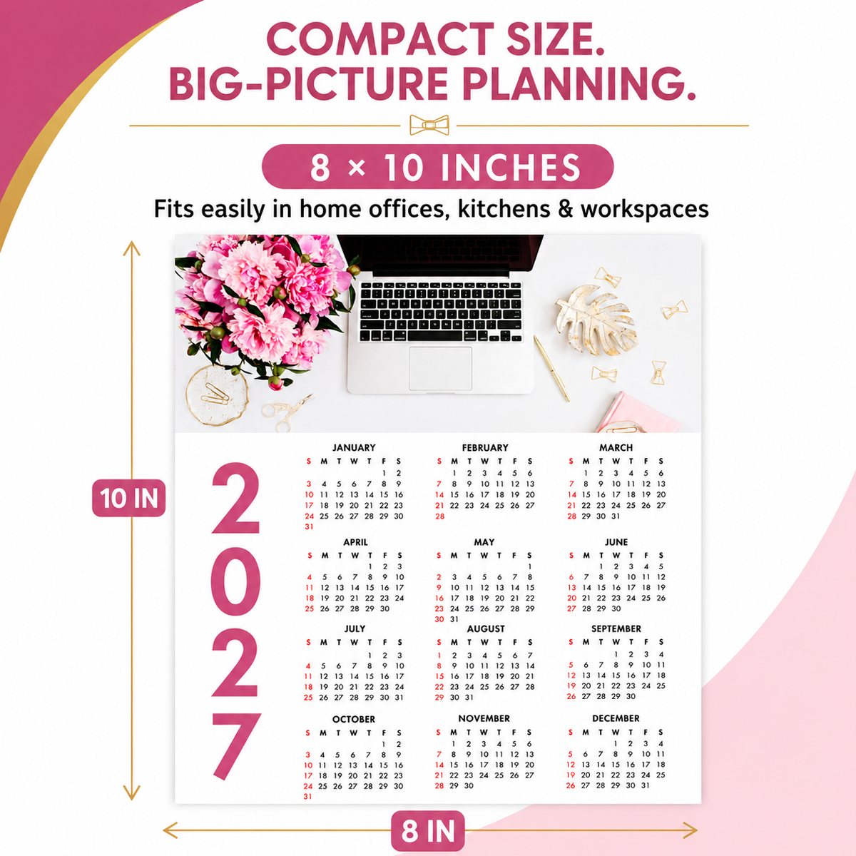 2027 Year at a Glance Wall Calendar – Pink Peonies & Workspace carousel image 5