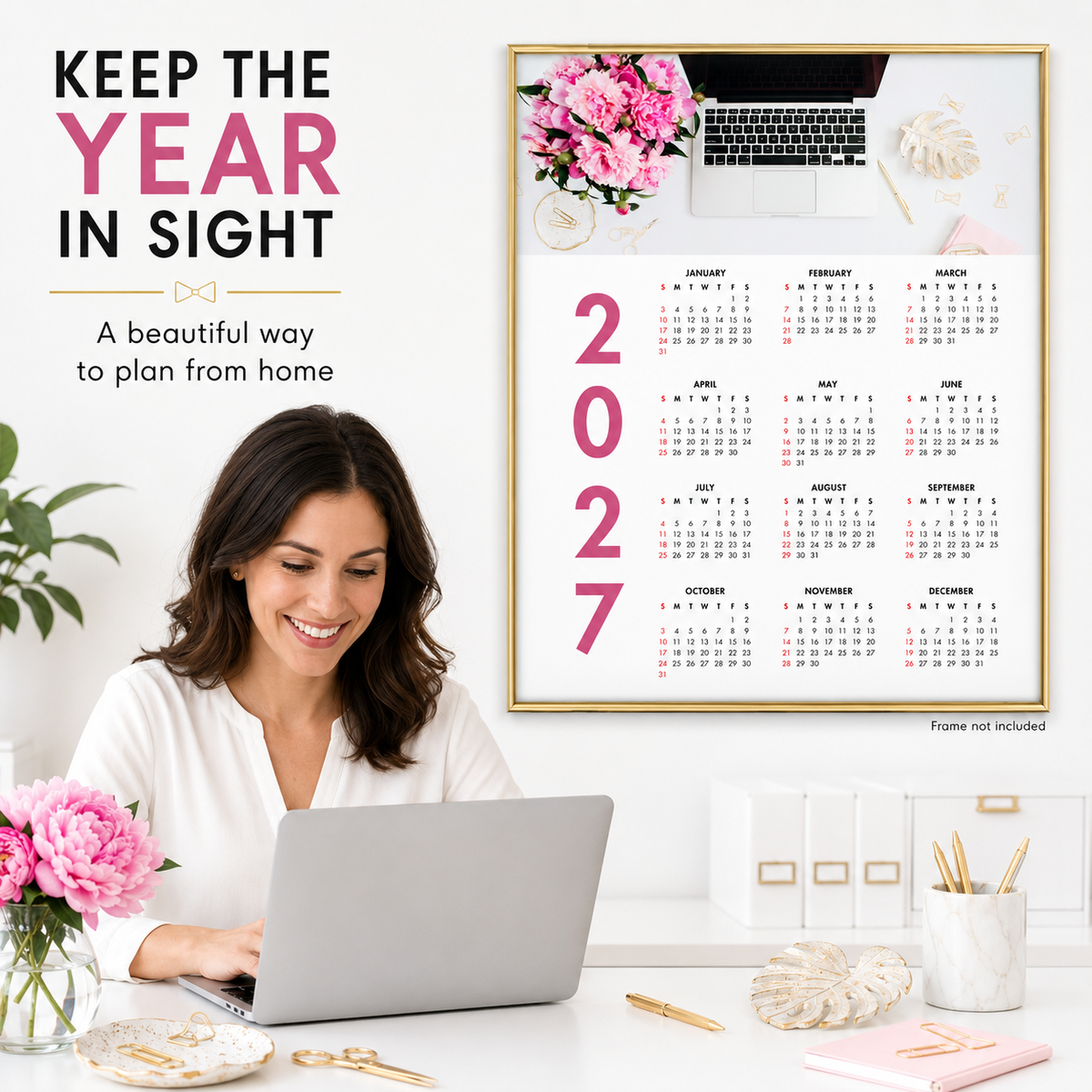 2027 Year at a Glance Wall Calendar – Pink Peonies & Workspace carousel image 4