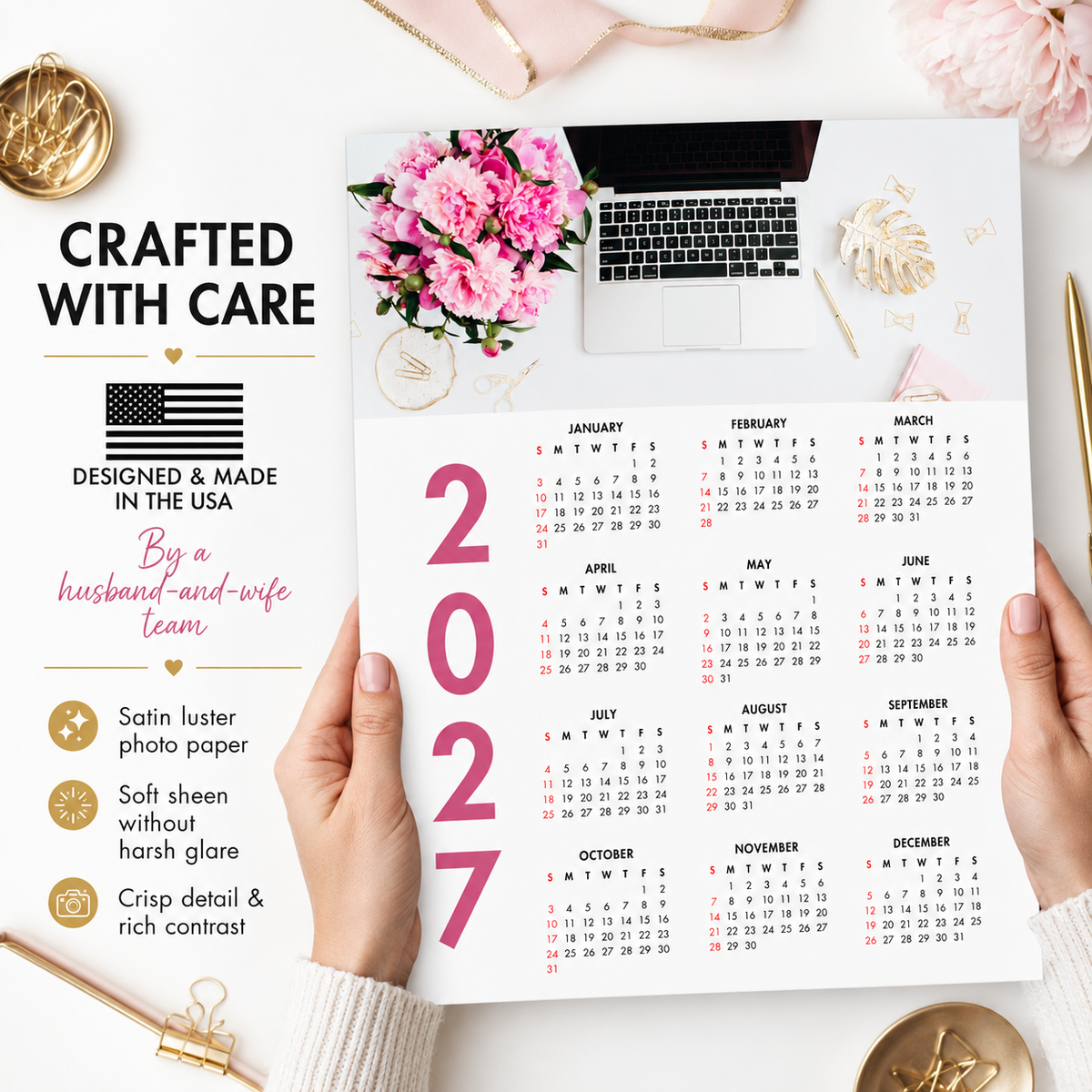 2027 Year at a Glance Wall Calendar – Pink Peonies & Workspace carousel image 3