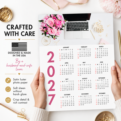 2027 Year at a Glance Wall Calendar – Pink Peonies & Workspace carousel image 3