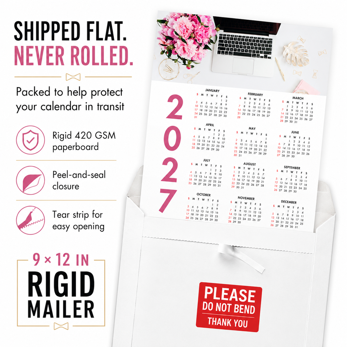 2027 Year at a Glance Wall Calendar – Pink Peonies & Workspace carousel image 2
