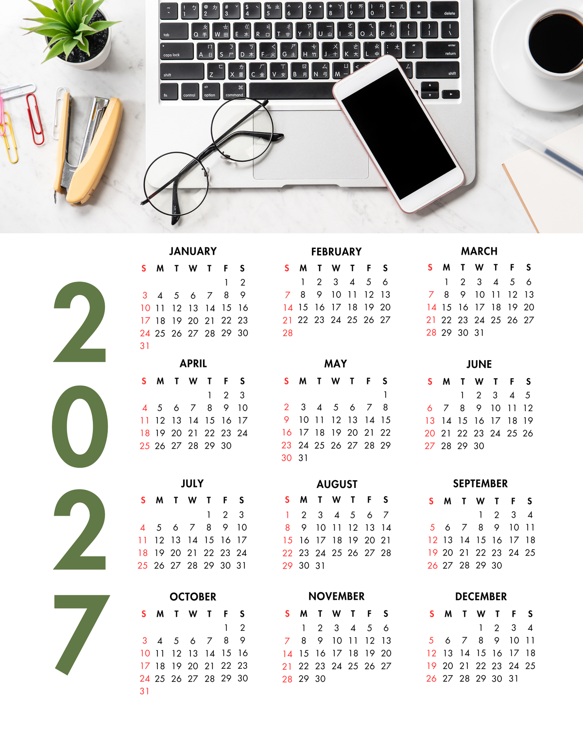 2027 Year at a Glance Wall Calendar – Laptop Coffee & Smartphone