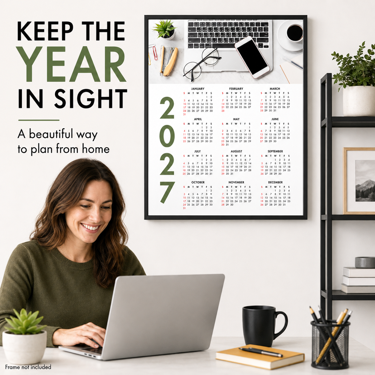 2027 Year at a Glance Wall Calendar – Laptop Coffee & Smartphone carousel image 3