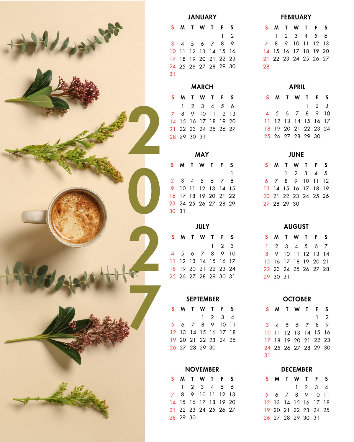 2027 Year at a Glance Wall Calendar – Latte & Eucalyptus