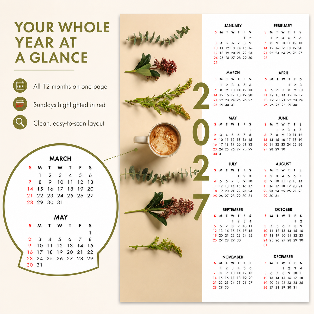 2027 Year at a Glance Wall Calendar – Latte & Eucalyptus carousel image 6
