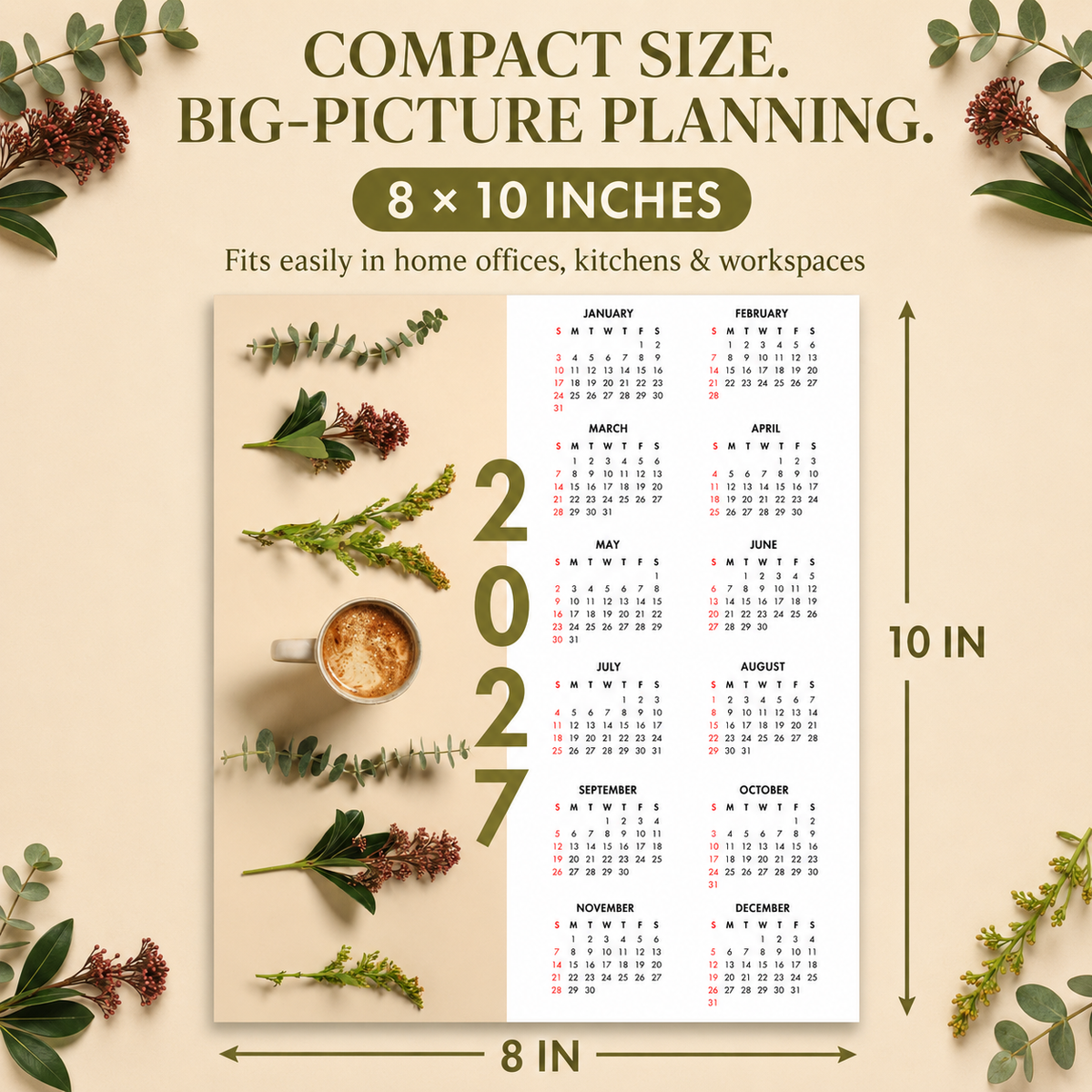 2027 Year at a Glance Wall Calendar – Latte & Eucalyptus carousel image 5