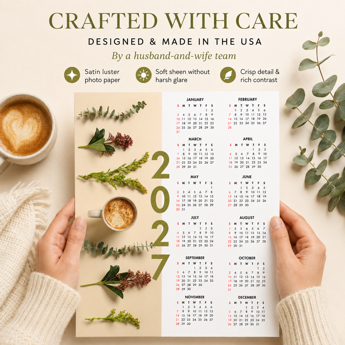 2027 Year at a Glance Wall Calendar – Latte & Eucalyptus carousel image 3