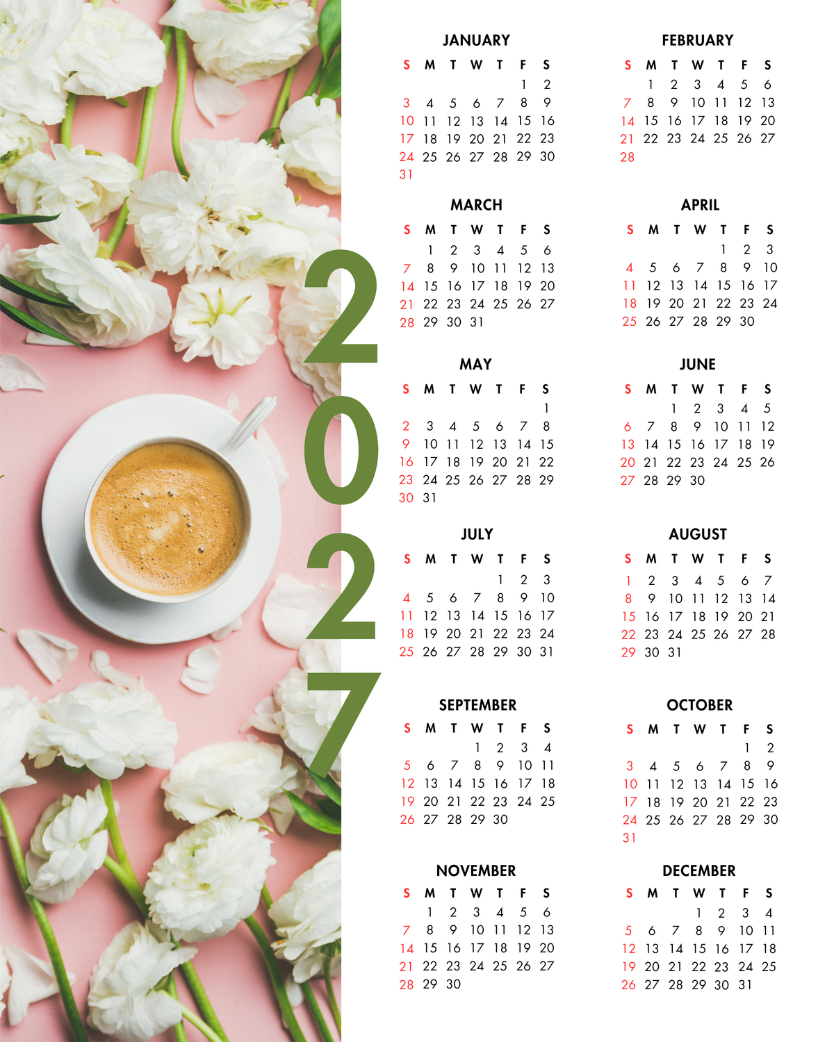 2027 Year at a Glance Wall Calendar – Coffee & White Tulips