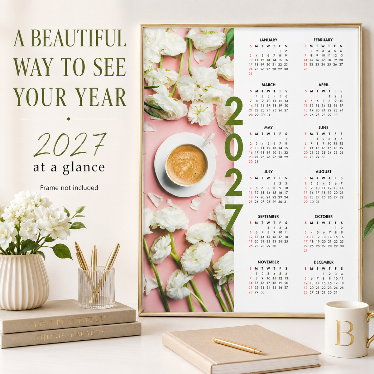 2027 Year at a Glance Wall Calendar – Coffee & White Tulips carousel image 6