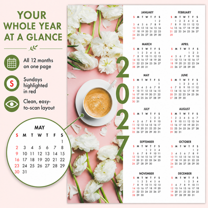 2027 Year at a Glance Wall Calendar – Coffee & White Tulips carousel image 5