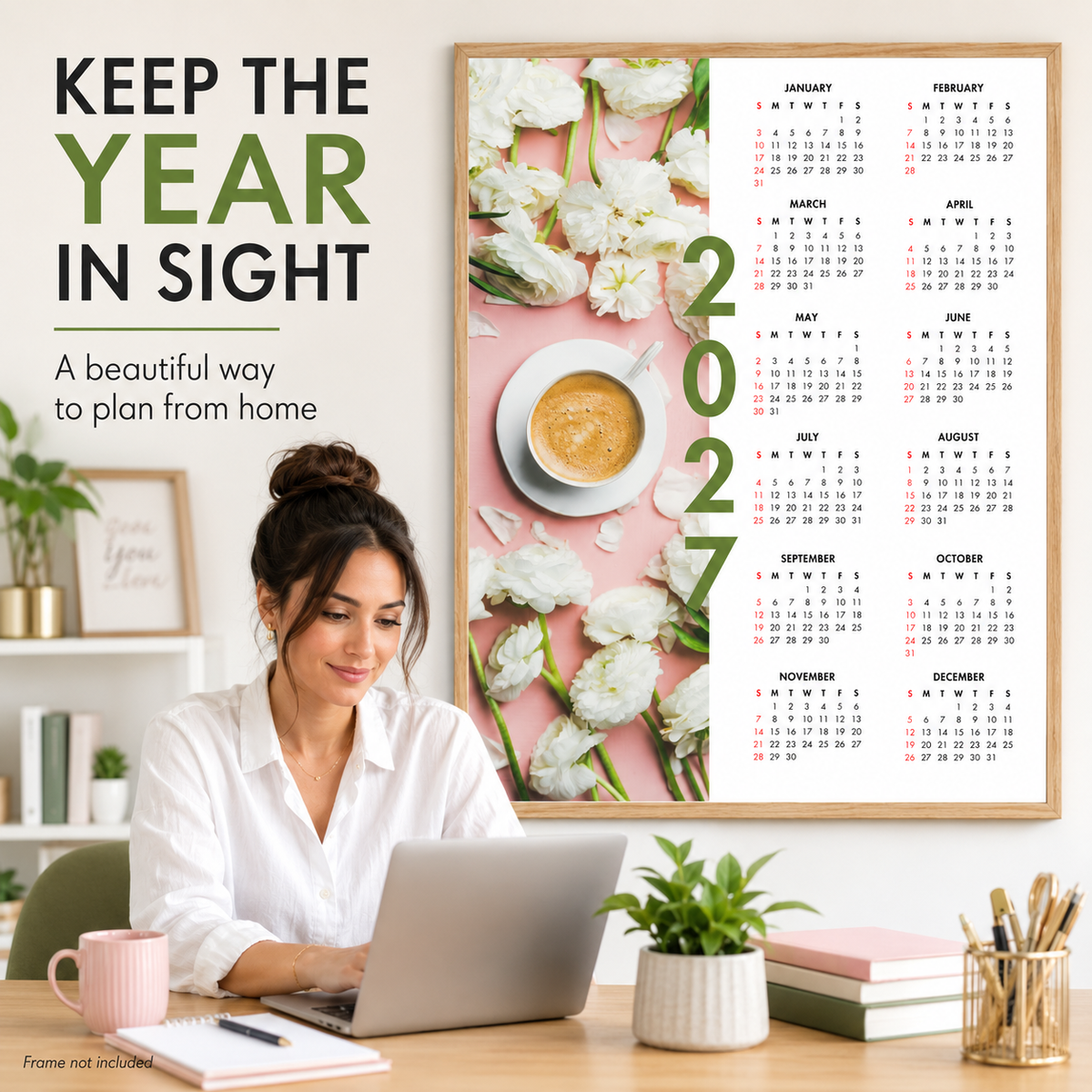 2027 Year at a Glance Wall Calendar – Coffee & White Tulips carousel image 4