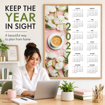 2027 Year at a Glance Wall Calendar – Coffee & White Tulips carousel image 4