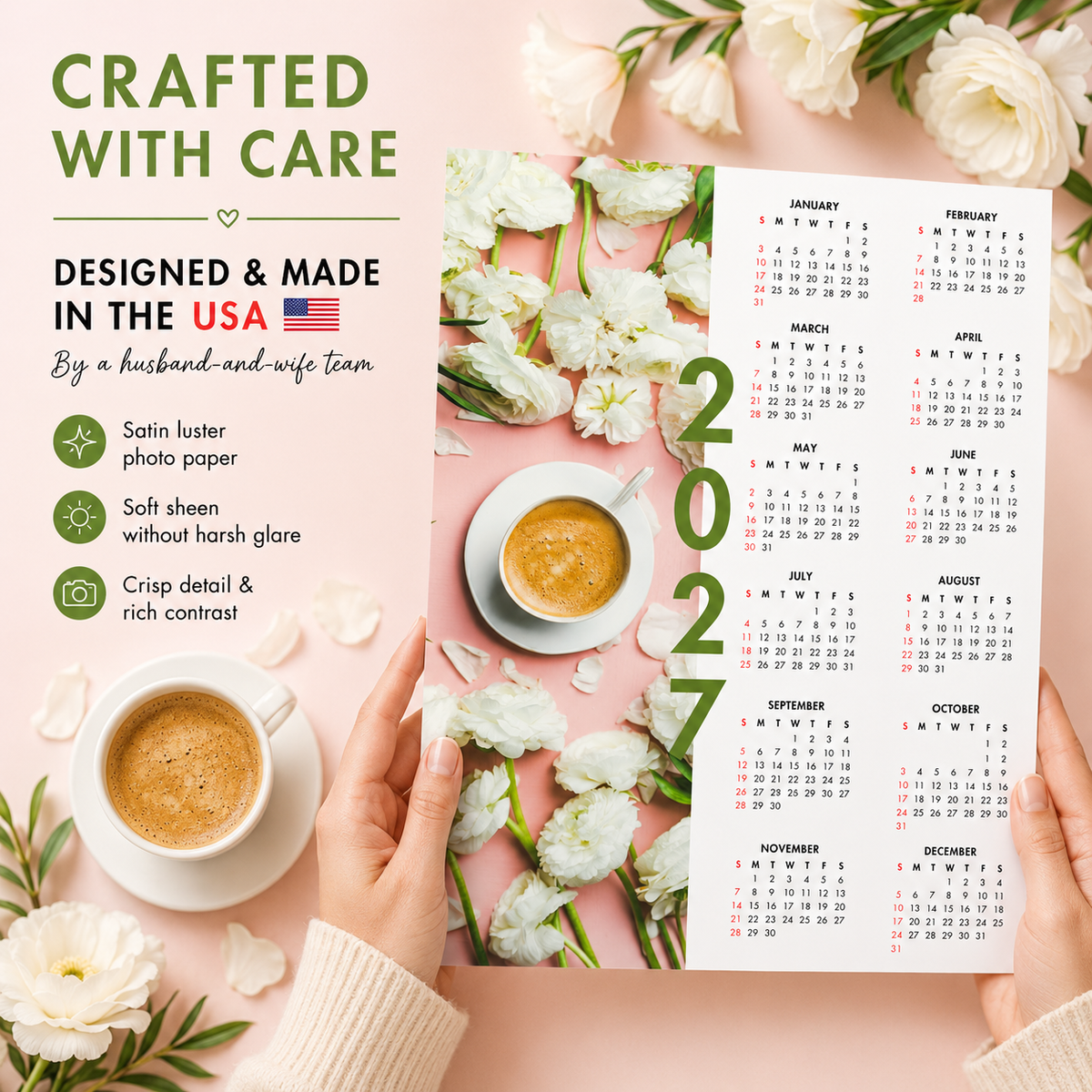 2027 Year at a Glance Wall Calendar – Coffee & White Tulips carousel image 3