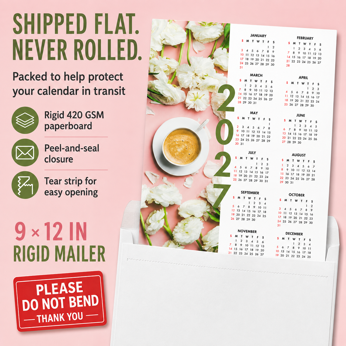 2027 Year at a Glance Wall Calendar – Coffee & White Tulips carousel image 2