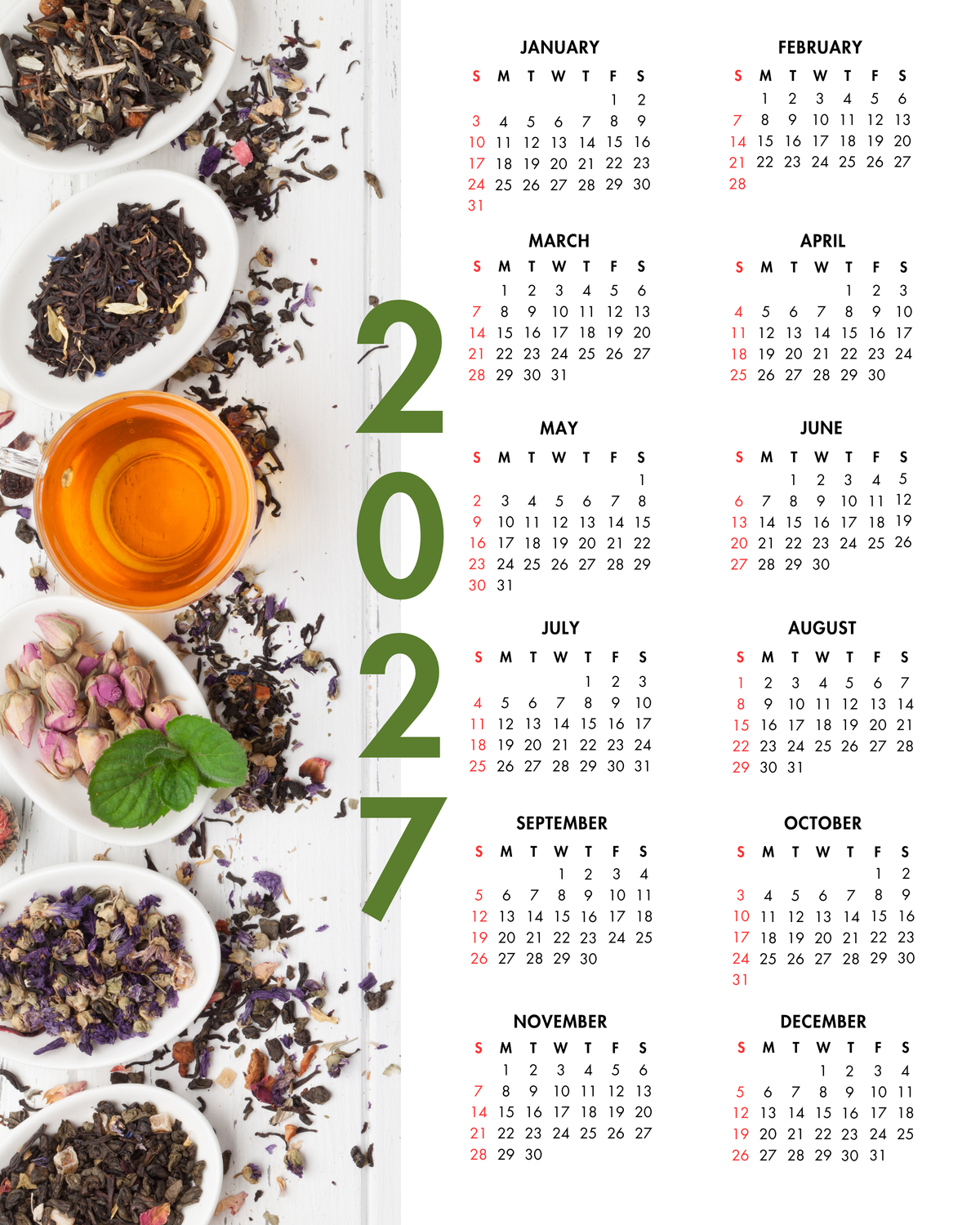 2027 Year at a Glance Wall Calendar – Loose Leaf Tea Collection