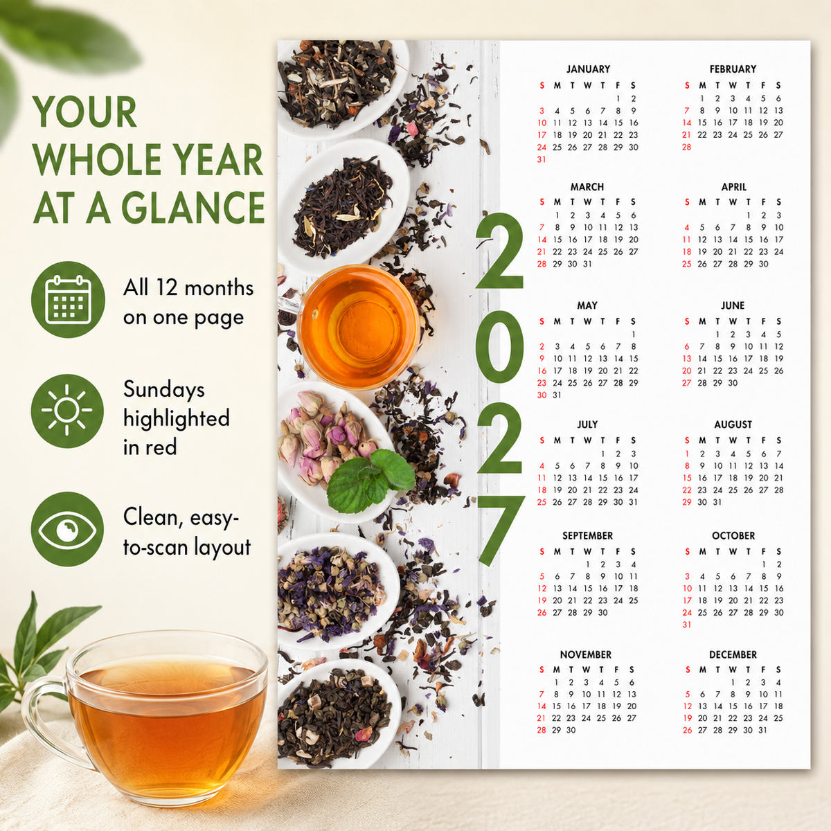 2027 Year at a Glance Wall Calendar – Loose Leaf Tea Collection carousel image 5