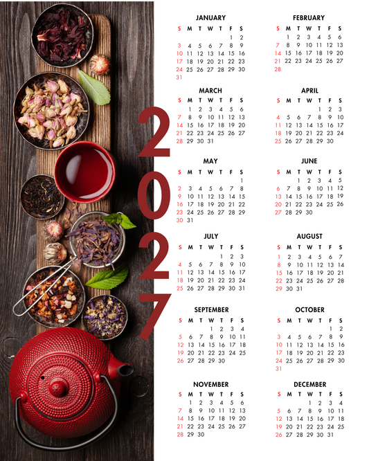 2027 Year at a Glance Wall Calendar – Rustic Red Teapot