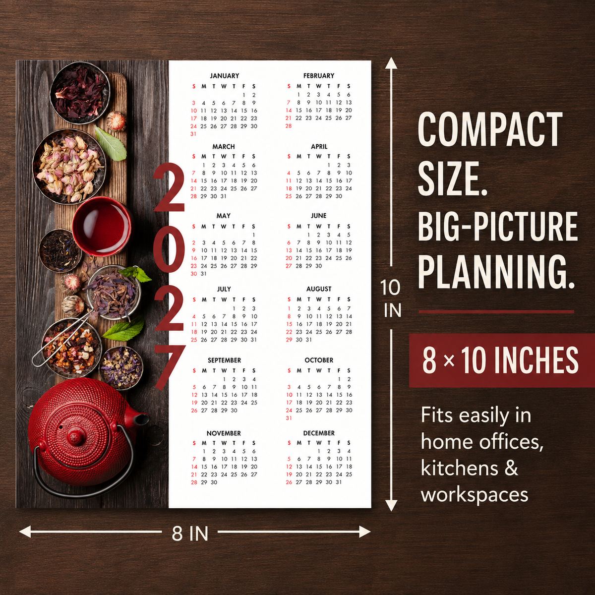 2027 Year at a Glance Wall Calendar – Rustic Red Teapot carousel image 7