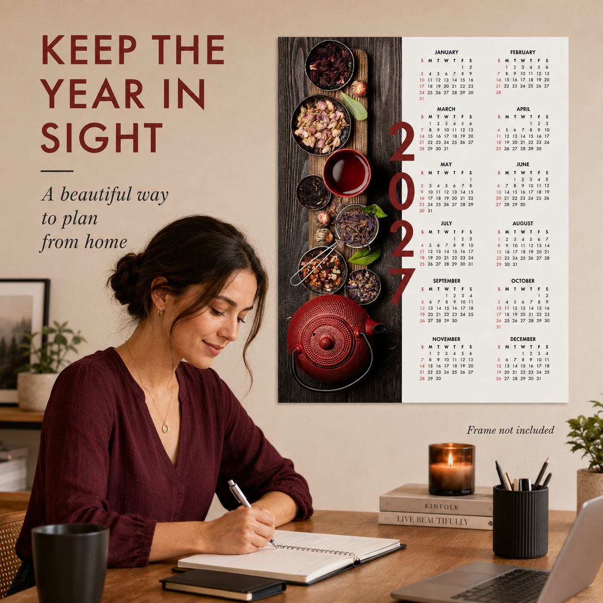2027 Year at a Glance Wall Calendar – Rustic Red Teapot carousel image 3