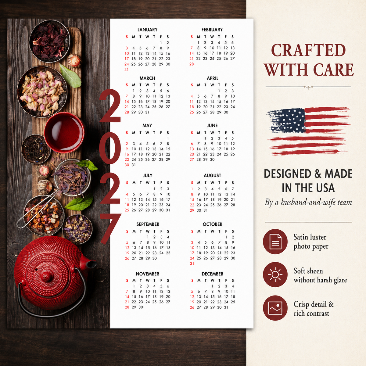 2027 Year at a Glance Wall Calendar – Rustic Red Teapot carousel image 6