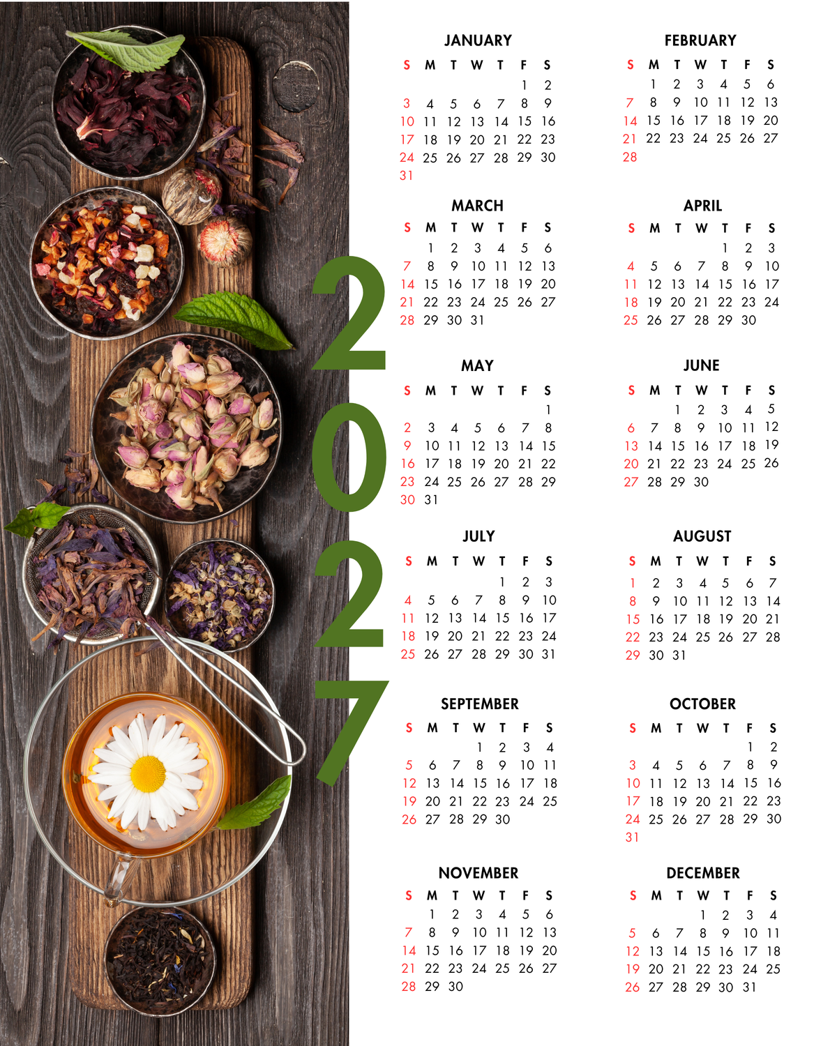 2027 Year at a Glance Wall Calendar – Chamomile & Herbal Tea