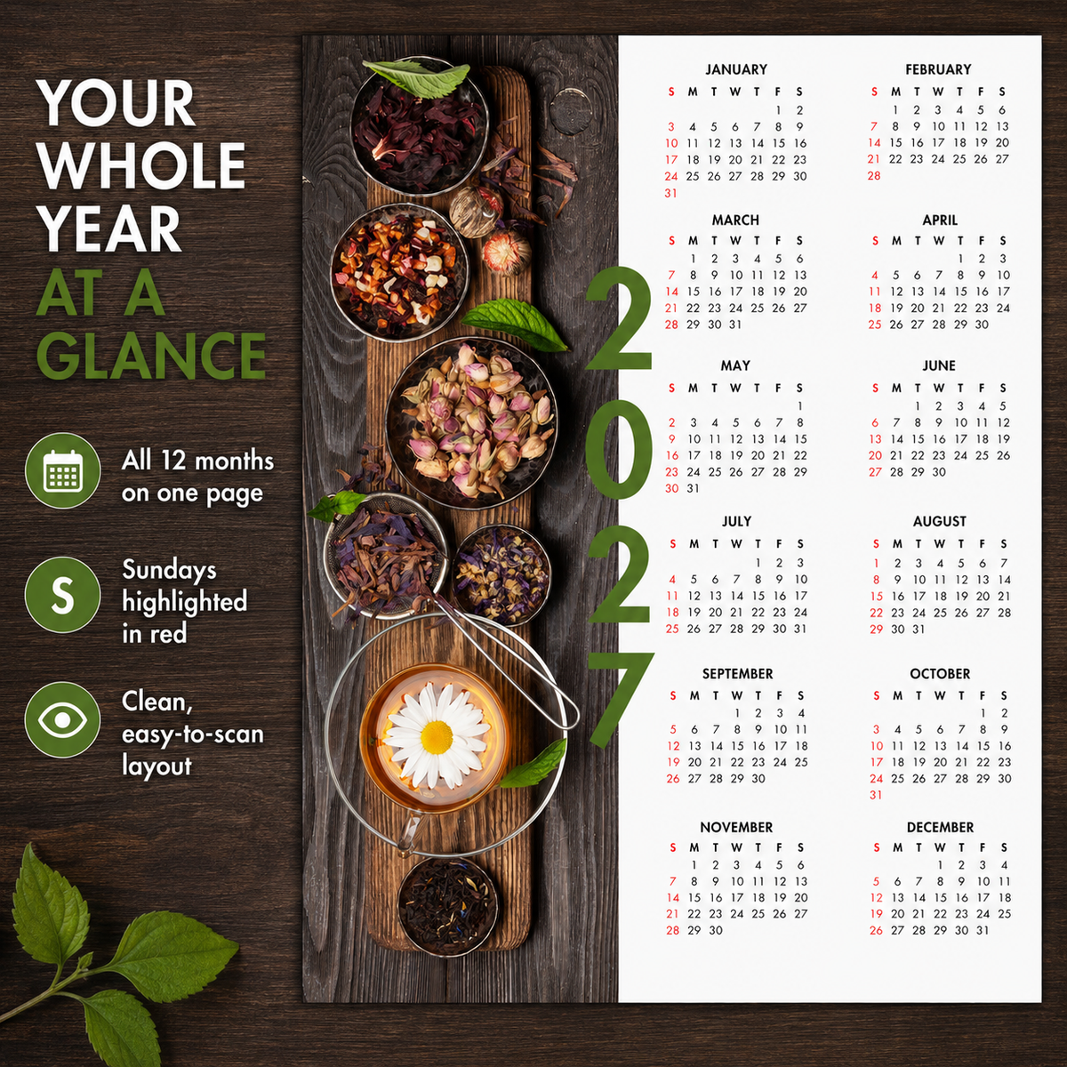 2027 Year at a Glance Wall Calendar – Chamomile & Herbal Tea carousel image 4